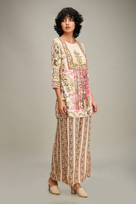 Shop_Soup By Sougat Paul_Beige Chanderi Embroidery, Sequins Round Mehr Floral Print Kurta And Palazzo Set _Online_at_Aza_Fashions