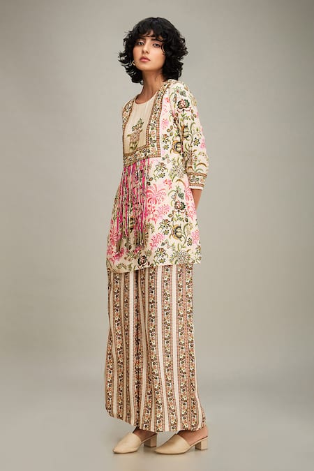 Soup By Sougat Paul_Beige Chanderi Embroidery, Sequins Round Mehr Floral Print Kurta And Palazzo Set _at_Aza_Fashions