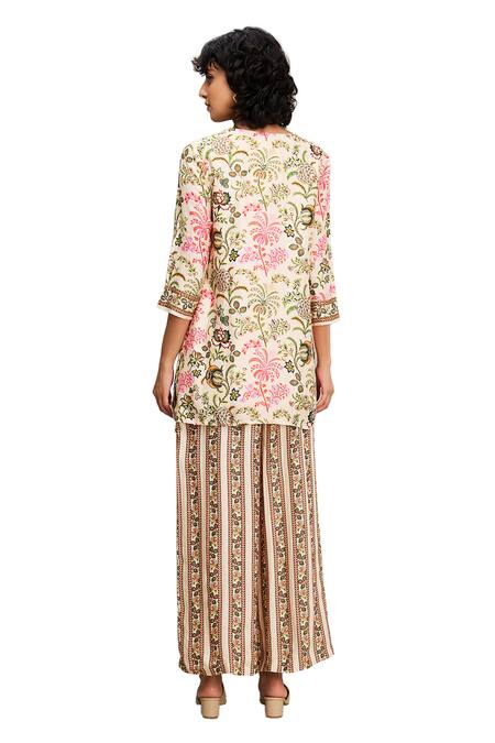 Buy_Soup By Sougat Paul_Beige Chanderi Embroidery, Sequins Round Mehr Floral Print Kurta And Palazzo Set 