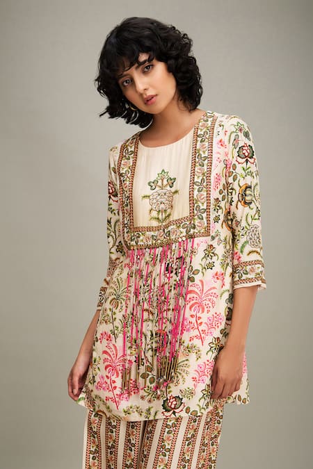 Shop_Soup By Sougat Paul_Beige Chanderi Embroidery, Sequins Round Mehr Floral Print Kurta And Palazzo Set 