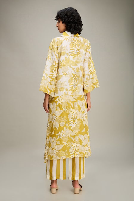 Shop Soup By Sougat Paul Yellow Linen Embroidery V-neck, Ahyana Floral And Striped Print Jacket Pant Set at Aza Fashions Shop_Soup By Sougat Paul_Yellow Linen Embroidery V-neck, Ahyana Floral And Striped Print Jacket Pant Set _at_Aza_Fashions