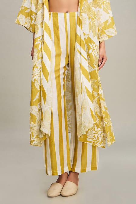 Soup By Sougat Paul Yellow Linen Embroidery V-neck, Ahyana Floral And Striped Print Jacket Pant Set Online at Aza Fashions Soup By Sougat Paul_Yellow Linen Embroidery V-neck, Ahyana Floral And Striped Print Jacket Pant Set _Online_at_Aza_Fashions