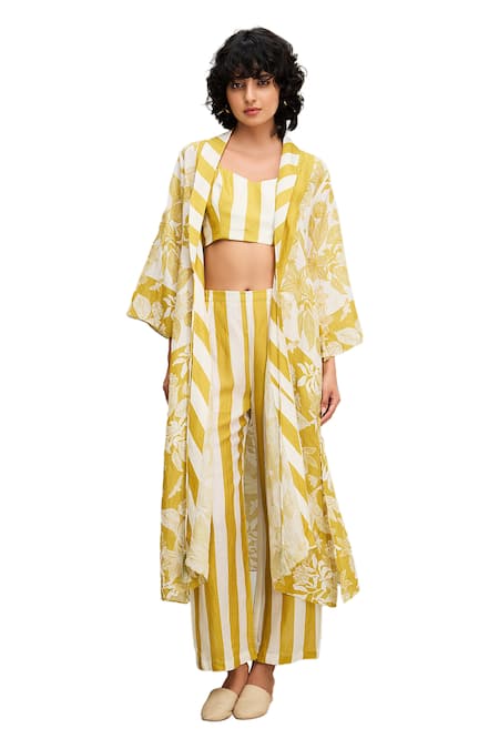 Buy Soup By Sougat Paul Yellow Linen Embroidery V-neck, Ahyana Floral And Striped Print Jacket Pant Set Online at Aza Fashions Buy_Soup By Sougat Paul_Yellow Linen Embroidery V-neck, Ahyana Floral And Striped Print Jacket Pant Set _Online_at_Aza_Fashions