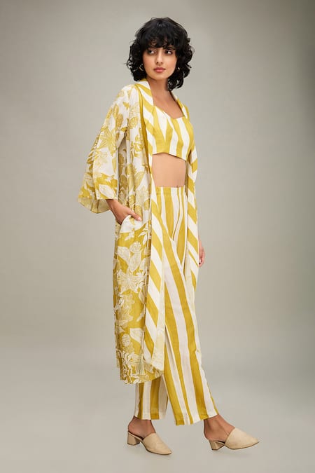 Shop Soup By Sougat Paul Yellow Linen Embroidery V-neck, Ahyana Floral And Striped Print Jacket Pant Set Online at Aza Fashions Shop_Soup By Sougat Paul_Yellow Linen Embroidery V-neck, Ahyana Floral And Striped Print Jacket Pant Set _Online_at_Aza_Fashions