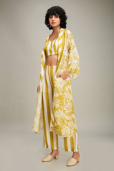 Soup By Sougat Paul Yellow Linen Embroidery V-neck, Ahyana Floral And Striped Print Jacket Pant Set at Aza Fashions Soup By Sougat Paul_Yellow Linen Embroidery V-neck, Ahyana Floral And Striped Print Jacket Pant Set _at_Aza_Fashions