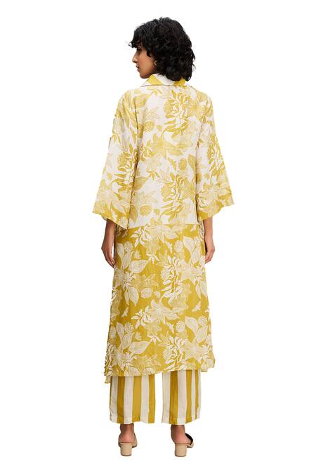 Buy Soup By Sougat Paul Yellow Linen Embroidery V-neck, Ahyana Floral And Striped Print Jacket Pant Set Buy_Soup By Sougat Paul_Yellow Linen Embroidery V-neck, Ahyana Floral And Striped Print Jacket Pant Set