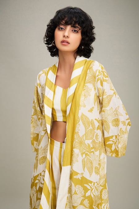Shop Soup By Sougat Paul Yellow Linen Embroidery V-neck, Ahyana Floral And Striped Print Jacket Pant Set Shop_Soup By Sougat Paul_Yellow Linen Embroidery V-neck, Ahyana Floral And Striped Print Jacket Pant Set