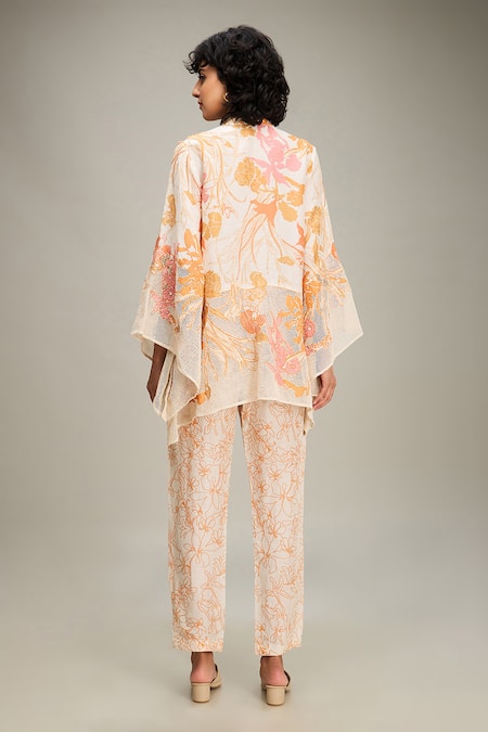 Shop_Soup By Sougat Paul_Off White Linen, Handloom Cotton Embroidery Zinnia Floral Print Shirt And Pant Set _at_Aza_Fashions