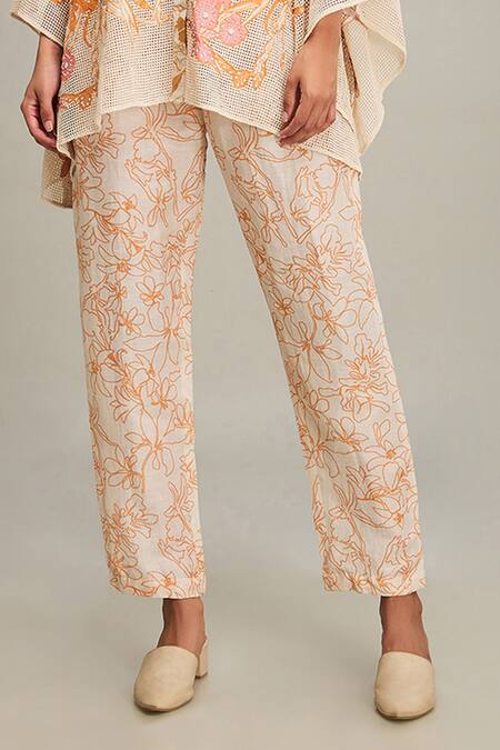 Soup By Sougat Paul_Off White Linen, Handloom Cotton Embroidery Zinnia Floral Print Shirt And Pant Set _Online_at_Aza_Fashions