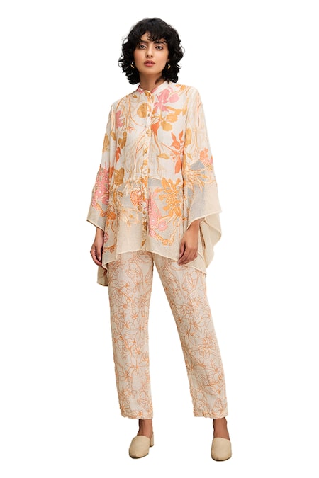 Buy_Soup By Sougat Paul_Off White Linen, Handloom Cotton Embroidery Zinnia Floral Print Shirt And Pant Set _Online_at_Aza_Fashions