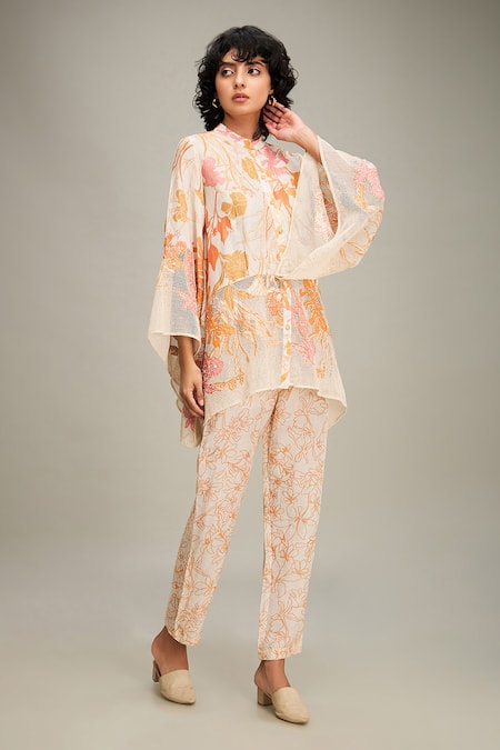 Shop_Soup By Sougat Paul_Off White Linen, Handloom Cotton Embroidery Zinnia Floral Print Shirt And Pant Set _Online_at_Aza_Fashions