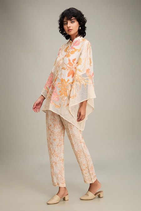 Soup By Sougat Paul_Off White Linen, Handloom Cotton Embroidery Zinnia Floral Print Shirt And Pant Set _at_Aza_Fashions