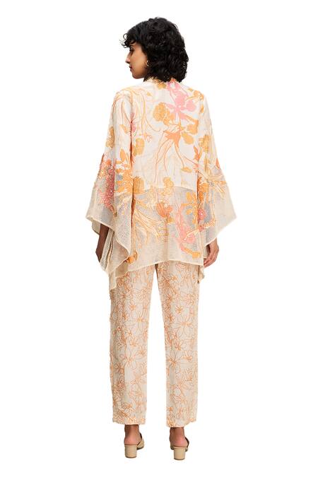 Buy_Soup By Sougat Paul_Off White Linen, Handloom Cotton Embroidery Zinnia Floral Print Shirt And Pant Set 
