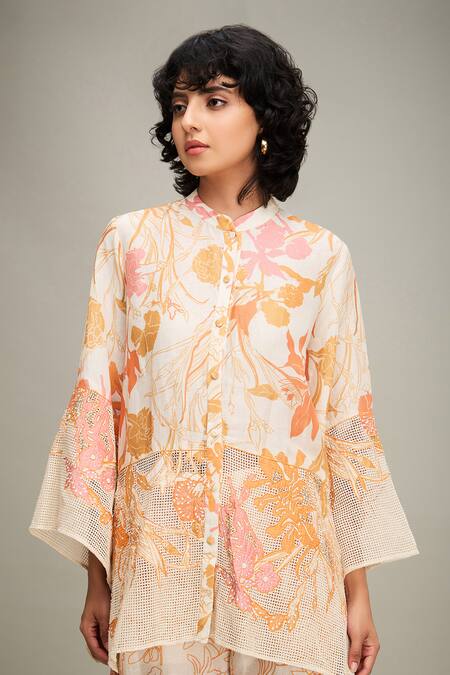 Shop_Soup By Sougat Paul_Off White Linen, Handloom Cotton Embroidery Zinnia Floral Print Shirt And Pant Set 