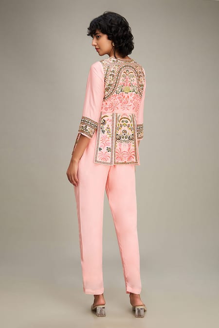 Shop Soup By Sougat Paul Pink Chanderi Beads, Embroidery Round Mehr Floral Print Peplum Top And Pant Set at Aza Fashions Shop_Soup By Sougat Paul_Pink Chanderi Beads, Embroidery Round Mehr Floral Print Peplum Top And Pant Set _at_Aza_Fashions