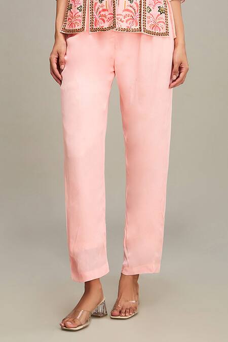 Soup By Sougat Paul Pink Chanderi Beads, Embroidery Round Mehr Floral Print Peplum Top And Pant Set Online at Aza Fashions Soup By Sougat Paul_Pink Chanderi Beads, Embroidery Round Mehr Floral Print Peplum Top And Pant Set _Online_at_Aza_Fashions