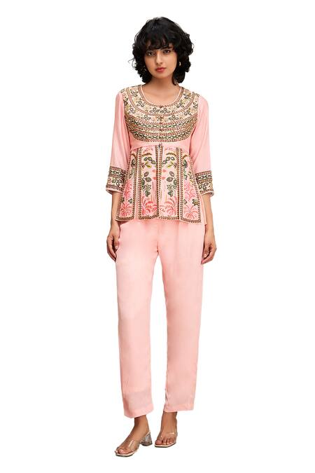 Buy Soup By Sougat Paul Pink Chanderi Beads, Embroidery Round Mehr Floral Print Peplum Top And Pant Set Online at Aza Fashions Buy_Soup By Sougat Paul_Pink Chanderi Beads, Embroidery Round Mehr Floral Print Peplum Top And Pant Set _Online_at_Aza_Fashions
