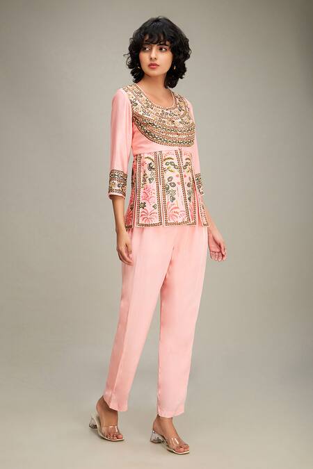 Shop Soup By Sougat Paul Pink Chanderi Beads, Embroidery Round Mehr Floral Print Peplum Top And Pant Set Online at Aza Fashions Shop_Soup By Sougat Paul_Pink Chanderi Beads, Embroidery Round Mehr Floral Print Peplum Top And Pant Set _Online_at_Aza_Fashions