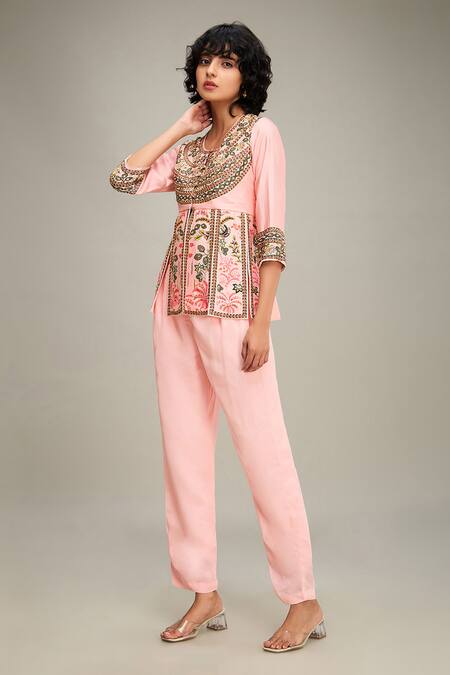 Soup By Sougat Paul Pink Chanderi Beads, Embroidery Round Mehr Floral Print Peplum Top And Pant Set at Aza Fashions Soup By Sougat Paul_Pink Chanderi Beads, Embroidery Round Mehr Floral Print Peplum Top And Pant Set _at_Aza_Fashions