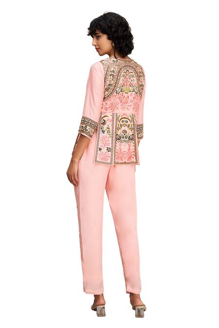 Buy Soup By Sougat Paul Pink Chanderi Beads, Embroidery Round Mehr Floral Print Peplum Top And Pant Set Buy_Soup By Sougat Paul_Pink Chanderi Beads, Embroidery Round Mehr Floral Print Peplum Top And Pant Set