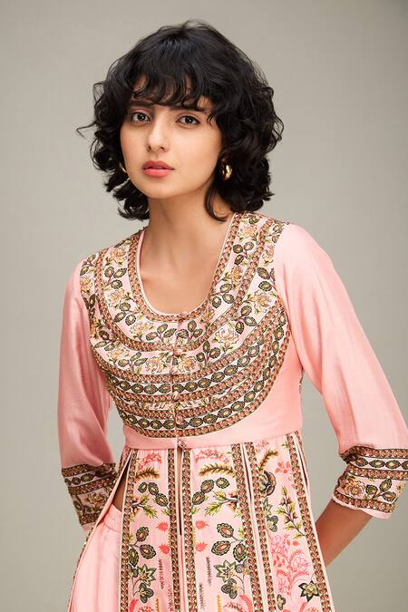 Shop Soup By Sougat Paul Pink Chanderi Beads, Embroidery Round Mehr Floral Print Peplum Top And Pant Set Shop_Soup By Sougat Paul_Pink Chanderi Beads, Embroidery Round Mehr Floral Print Peplum Top And Pant Set