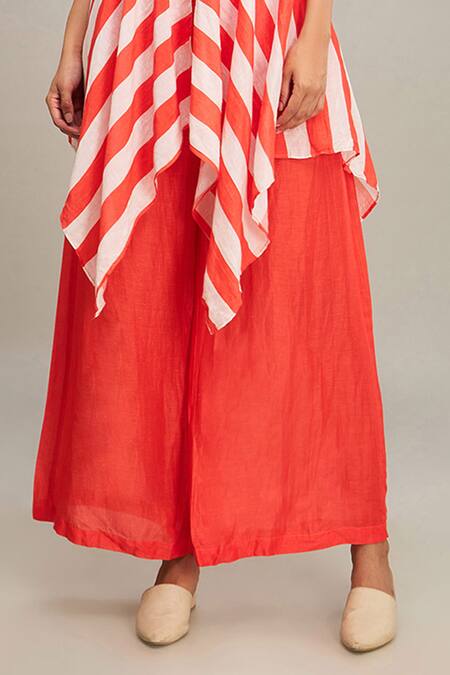 Soup By Sougat Paul_Red Linen V-neck Ahyana Printed Kurta And Palazzo Set _Online_at_Aza_Fashions