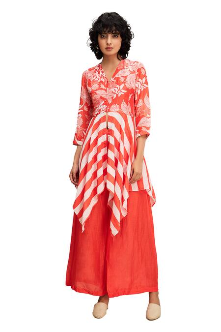 Buy_Soup By Sougat Paul_Red Linen V-neck Ahyana Printed Kurta And Palazzo Set _Online_at_Aza_Fashions