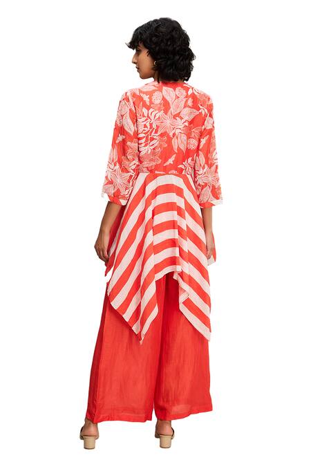 Buy_Soup By Sougat Paul_Red Linen V-neck Ahyana Printed Kurta And Palazzo Set 