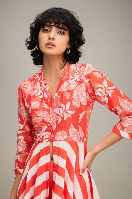 Shop_Soup By Sougat Paul_Red Linen V-neck Ahyana Printed Kurta And Palazzo Set 