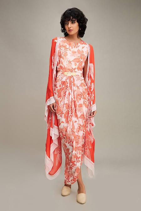 Soup by Sougat Paul Red Flat Chiffon Printed Floral Ahyana Draped Dress With Cape 