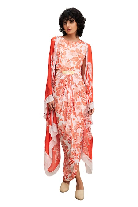 Soup By Sougat Paul Red Chiffon Sequins Round Neck Ahyana Floral Print Draped Dress With Cape Online at Aza Fashions Soup By Sougat Paul_Red Chiffon Sequins Round Neck Ahyana Floral Print Draped Dress With Cape _Online_at_Aza_Fashions