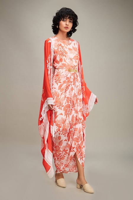 Buy Soup By Sougat Paul Red Chiffon Sequins Round Neck Ahyana Floral Print Draped Dress With Cape Online at Aza Fashions Buy_Soup By Sougat Paul_Red Chiffon Sequins Round Neck Ahyana Floral Print Draped Dress With Cape _Online_at_Aza_Fashions