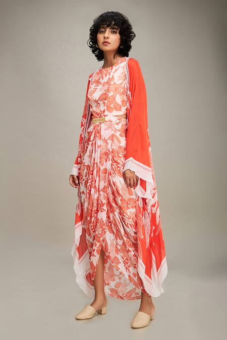 Shop Soup By Sougat Paul Red Chiffon Sequins Round Neck Ahyana Floral Print Draped Dress With Cape Online at Aza Fashions Shop_Soup By Sougat Paul_Red Chiffon Sequins Round Neck Ahyana Floral Print Draped Dress With Cape _Online_at_Aza_Fashions