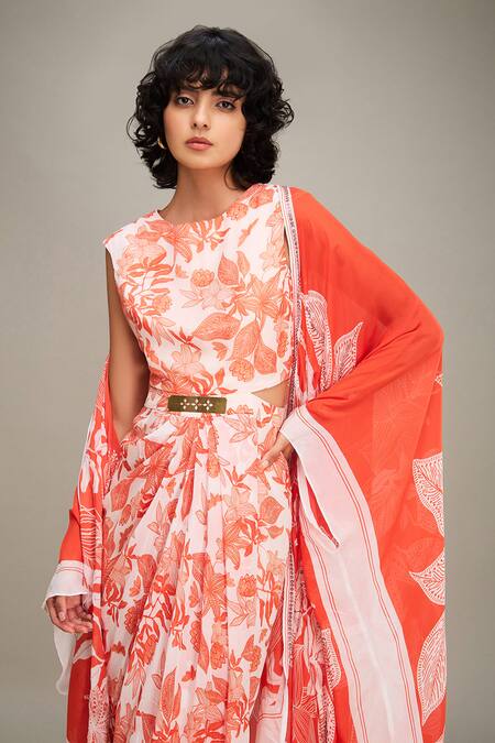 Buy Soup By Sougat Paul Red Chiffon Sequins Round Neck Ahyana Floral Print Draped Dress With Cape Buy_Soup By Sougat Paul_Red Chiffon Sequins Round Neck Ahyana Floral Print Draped Dress With Cape