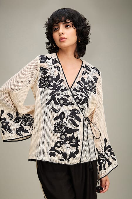 Shop Soup By Sougat Paul Off White Handloom , Zinnia Hand Angrakha Top And Pant Set Shop_Soup By Sougat Paul_Off White Handloom , Zinnia Hand Angrakha Top And Pant Set