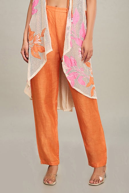 Soup By Sougat Paul Off White Linen, Handloom Cotton Zinnia Floral Applique Hand Cape With Pant Set Online at Aza Fashions Soup By Sougat Paul_Off White Linen, Handloom Cotton Zinnia Floral Applique Hand Cape With Pant Set _Online_at_Aza_Fashions