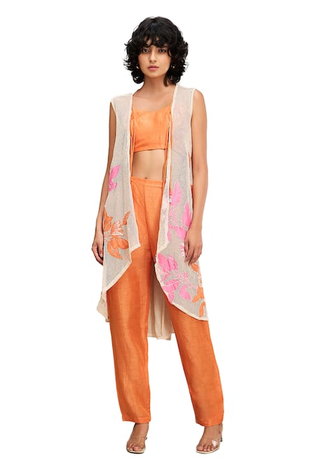 Buy Soup By Sougat Paul Off White Linen, Handloom Cotton Zinnia Floral Applique Hand Cape With Pant Set Online at Aza Fashions Buy_Soup By Sougat Paul_Off White Linen, Handloom Cotton Zinnia Floral Applique Hand Cape With Pant Set _Online_at_Aza_Fashions