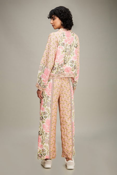 Shop Soup By Sougat Paul Multi Color Cotton, Silk Embroidery, Mehr Floral Print Bomber Jacket And Pant Set at Aza Fashions Shop_Soup By Sougat Paul_Multi Color Cotton, Silk Embroidery, Mehr Floral Print Bomber Jacket And Pant Set _at_Aza_Fashions