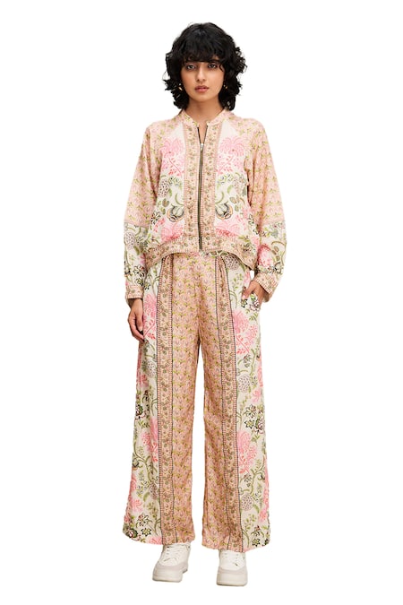 Soup By Sougat Paul Multi Color Cotton, Silk Embroidery, Mehr Floral Print Bomber Jacket And Pant Set Online at Aza Fashions Soup By Sougat Paul_Multi Color Cotton, Silk Embroidery, Mehr Floral Print Bomber Jacket And Pant Set _Online_at_Aza_Fashions