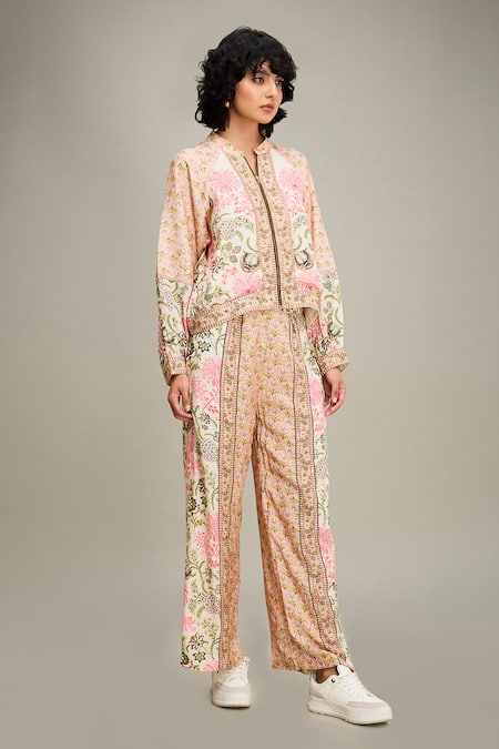 Shop Soup By Sougat Paul Multi Color Cotton, Silk Embroidery, Mehr Floral Print Bomber Jacket And Pant Set Online at Aza Fashions Shop_Soup By Sougat Paul_Multi Color Cotton, Silk Embroidery, Mehr Floral Print Bomber Jacket And Pant Set _Online_at_Aza_Fashions