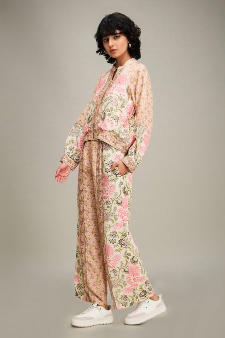 Soup By Sougat Paul Multi Color Cotton, Silk Embroidery, Mehr Floral Print Bomber Jacket And Pant Set at Aza Fashions Soup By Sougat Paul_Multi Color Cotton, Silk Embroidery, Mehr Floral Print Bomber Jacket And Pant Set _at_Aza_Fashions