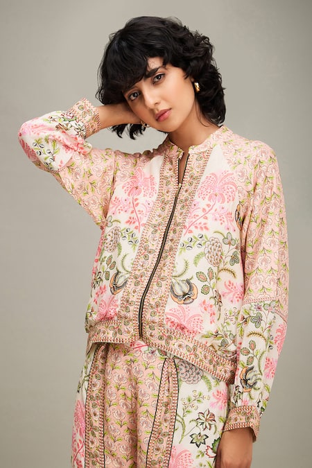 Shop Soup By Sougat Paul Multi Color Cotton, Silk Embroidery, Mehr Floral Print Bomber Jacket And Pant Set Shop_Soup By Sougat Paul_Multi Color Cotton, Silk Embroidery, Mehr Floral Print Bomber Jacket And Pant Set