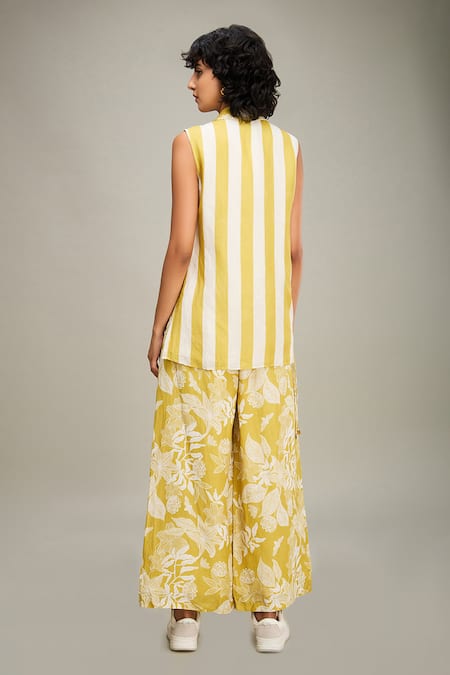 Shop_Soup By Sougat Paul_Yellow Linen Embroidery Collared Ahyana Printed Top And Pant Set _at_Aza_Fashions