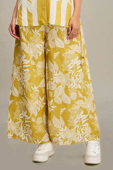 Soup By Sougat Paul_Yellow Linen Embroidery Collared Ahyana Printed Top And Pant Set _Online_at_Aza_Fashions