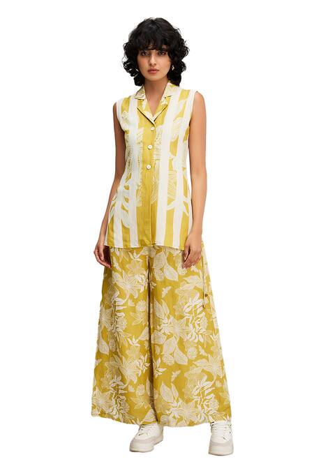 Buy_Soup By Sougat Paul_Yellow Linen Embroidery Collared Ahyana Printed Top And Pant Set _Online_at_Aza_Fashions