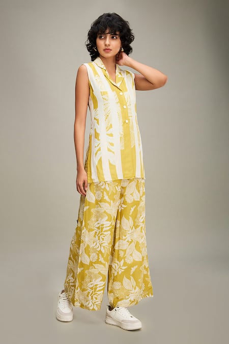 Shop_Soup By Sougat Paul_Yellow Linen Embroidery Collared Ahyana Printed Top And Pant Set _Online_at_Aza_Fashions