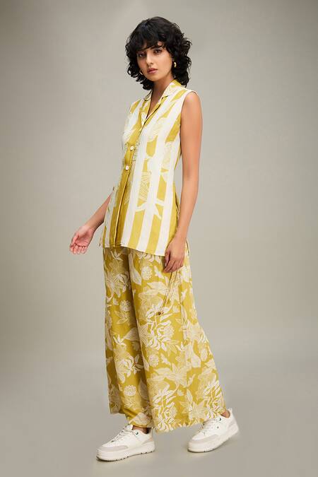 Soup By Sougat Paul_Yellow Linen Embroidery Collared Ahyana Printed Top And Pant Set _at_Aza_Fashions