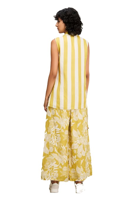 Buy_Soup By Sougat Paul_Yellow Linen Embroidery Collared Ahyana Printed Top And Pant Set 