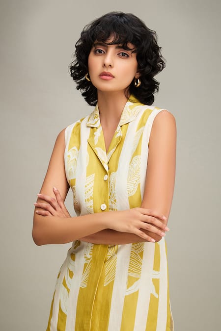 Shop_Soup By Sougat Paul_Yellow Linen Embroidery Collared Ahyana Printed Top And Pant Set 