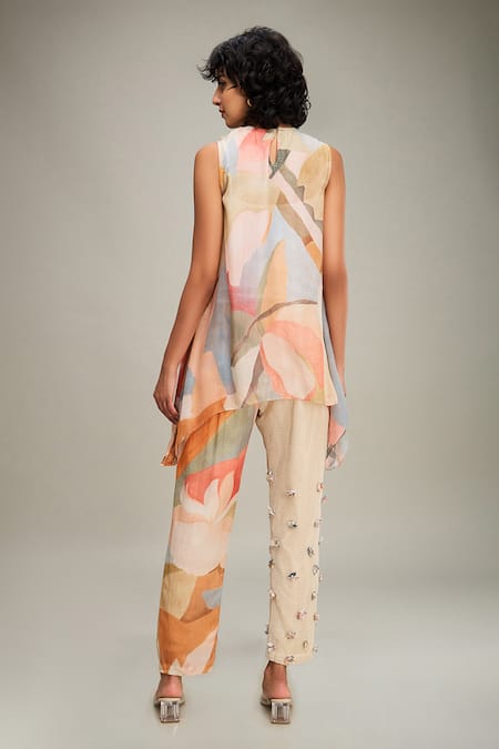 Shop_Soup By Sougat Paul_Multi Color Linen Beads, Embroidery Conversational Abstract Print Top And Pant Set _at_Aza_Fashions